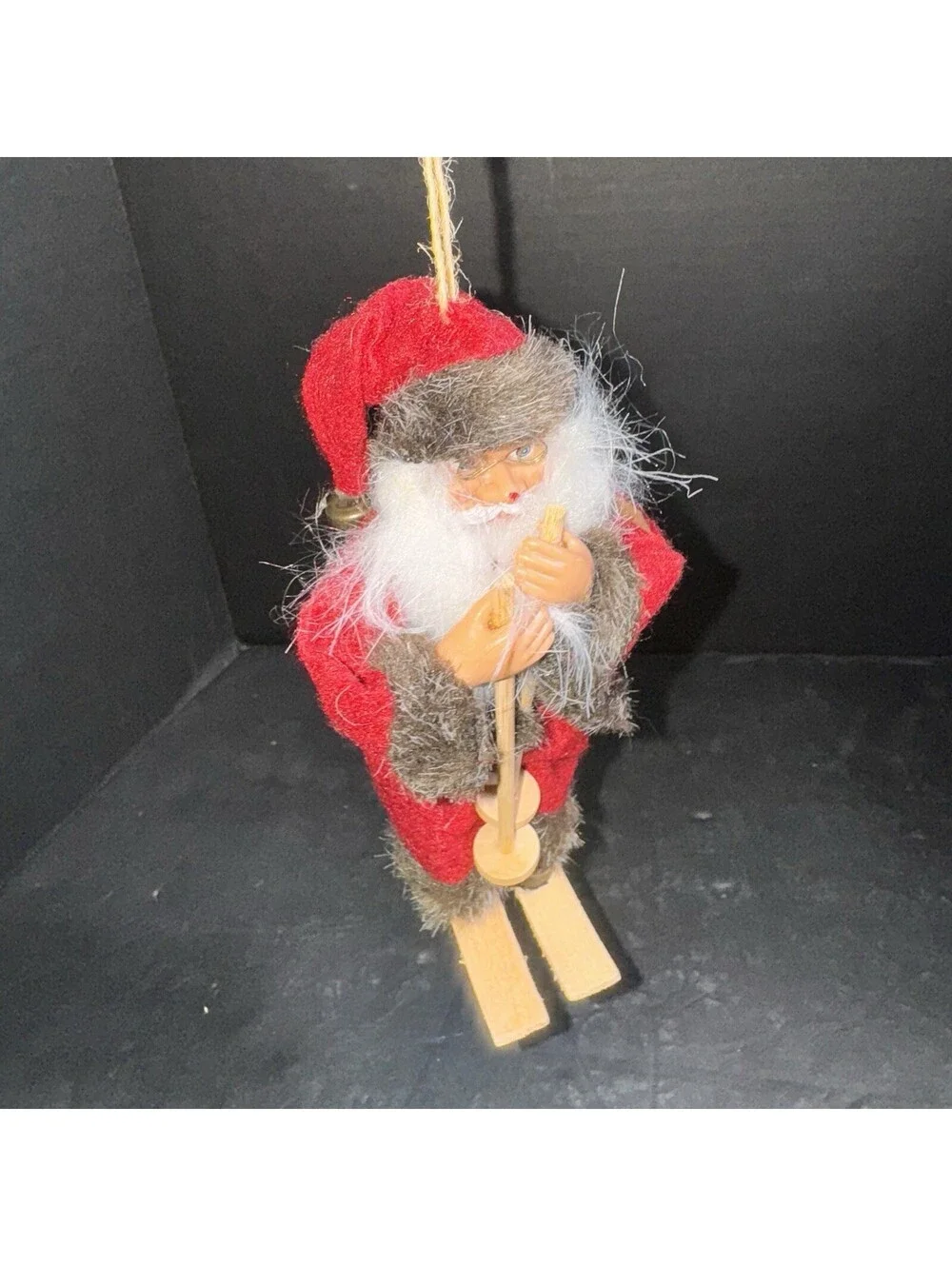 Vtg Santa Claus Skiing Figurine 7” Wooden Skis & Poles Faux Fur Trim Christmas